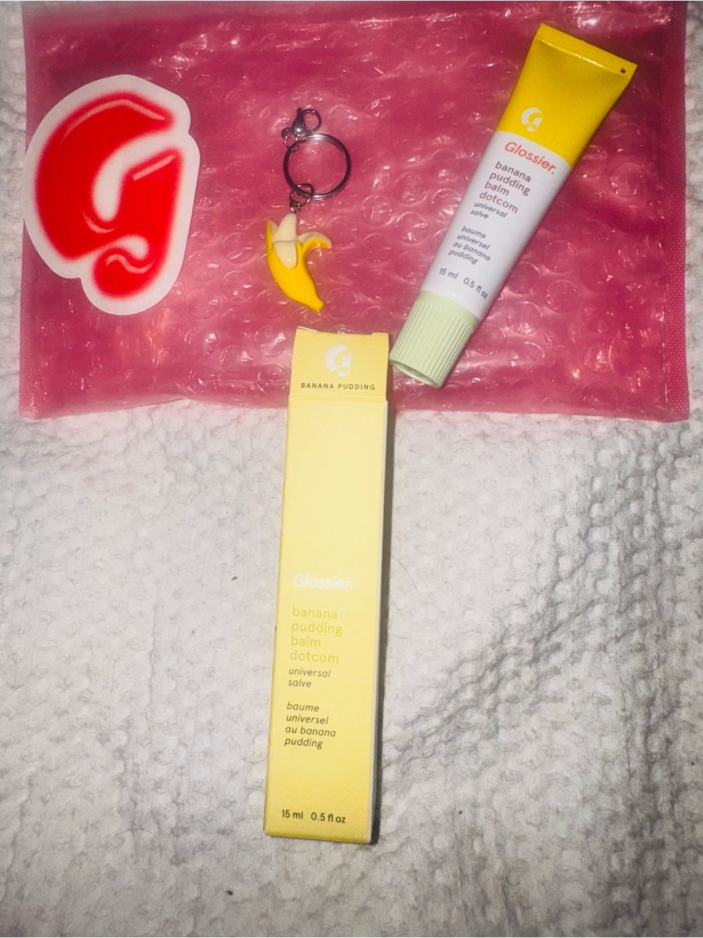 Glossier Banana Pudding Balm key chain and makeup bag New!